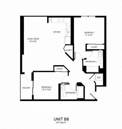 Floor plan for 2 beds, 2 baths, 1077 sqft